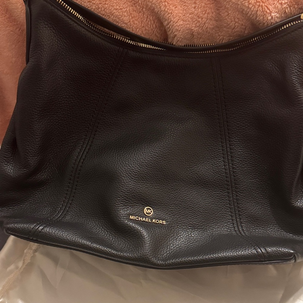 Michael Kors Black Pebbled Leather Shoulder Hobo with Gold Logo